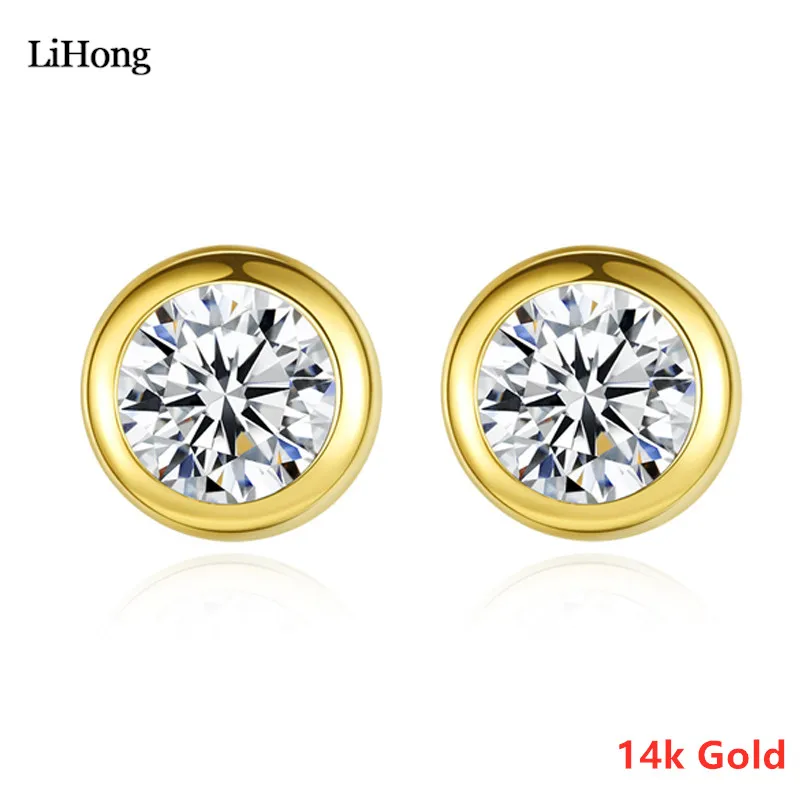 

Real Gold Shiny Zircon Stud Earrings 14K Gold Ladies Fashion Delicate Round Earrings High Jewelry Gift
