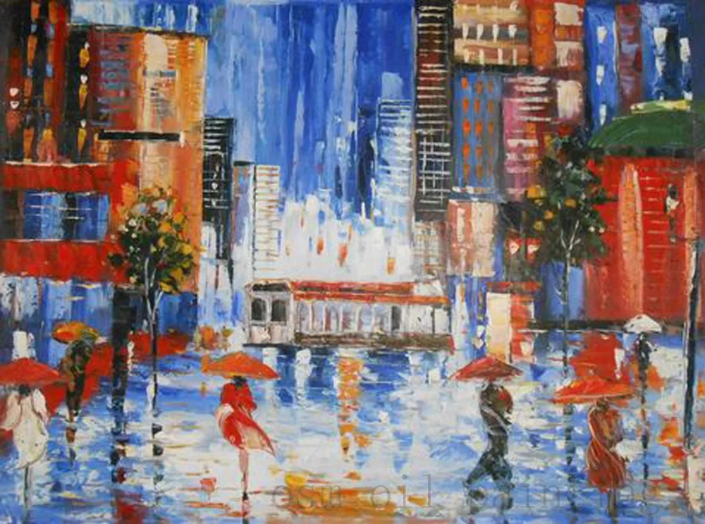 

Large Size Handmade Knife Palette Landscape Oil Painting on Canvas Hand Painted Impressional Abstract Rainy Streetscape Crafts