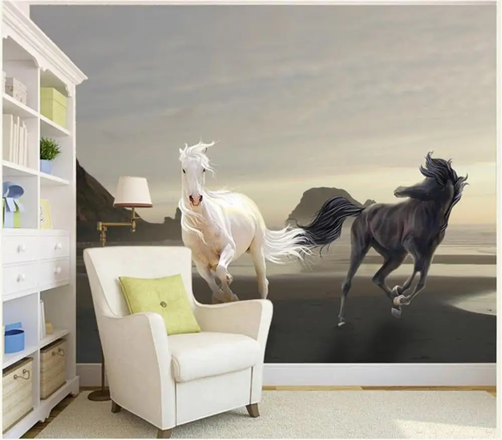 3D обои/фотобумага на заказ/морская черная белая двойная лошадь/Настенная