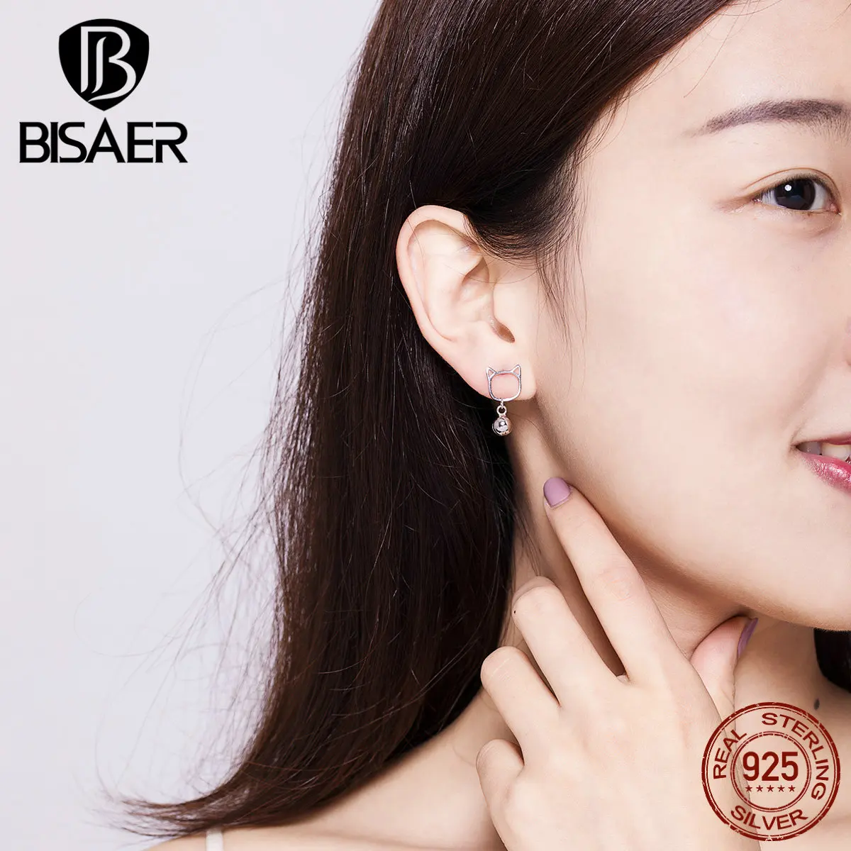 BISAER 925 пробы серебряные милые кошечки колокольчики-серьги Элегантные серьги с жемчугом в Корейском стиле элегантные серьги для женщин GXE628