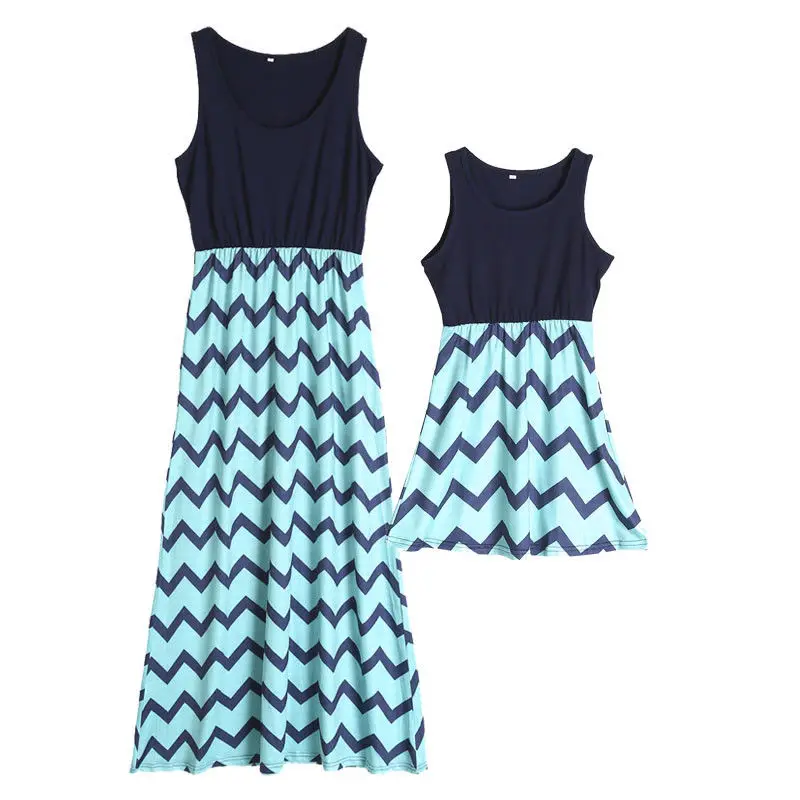 Navy Blue and Green Emmaaby/платья для мамы и дочки; одинаковые комплекты для семьи; Одинаковая одежда в полоску без рукавов для всей семьи; платье для мамы и дочки - Цвет: Navy Blue and Green