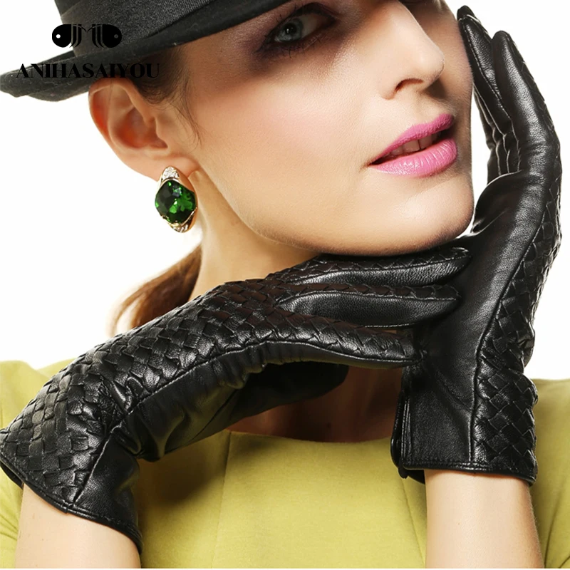 Зимние кожаные перчатки женские теплые тонкие Модные Тканые из овечьей кожи