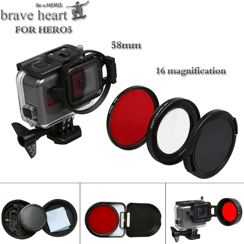 Объектив для камеры brave heart HERO 5 58 мм 16x Macro CPL + чехол UV красный фильтр GoPro Go pro hero Hero