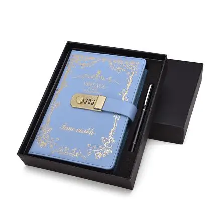 Sky blue with Box Paperboat, Ретро стиль, А5, Обложка из искусственной кожи, блокнот с замком, блокноты для записей, запираемый пароль, дневник, школьный, студенческий, подарок - Цвет: Sky blue with Box
