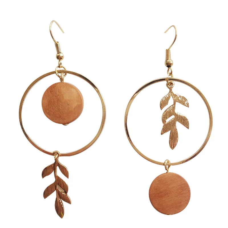 Серьги 2019 Новая мода осень зима круглые деревянные листья асимметричные серьги