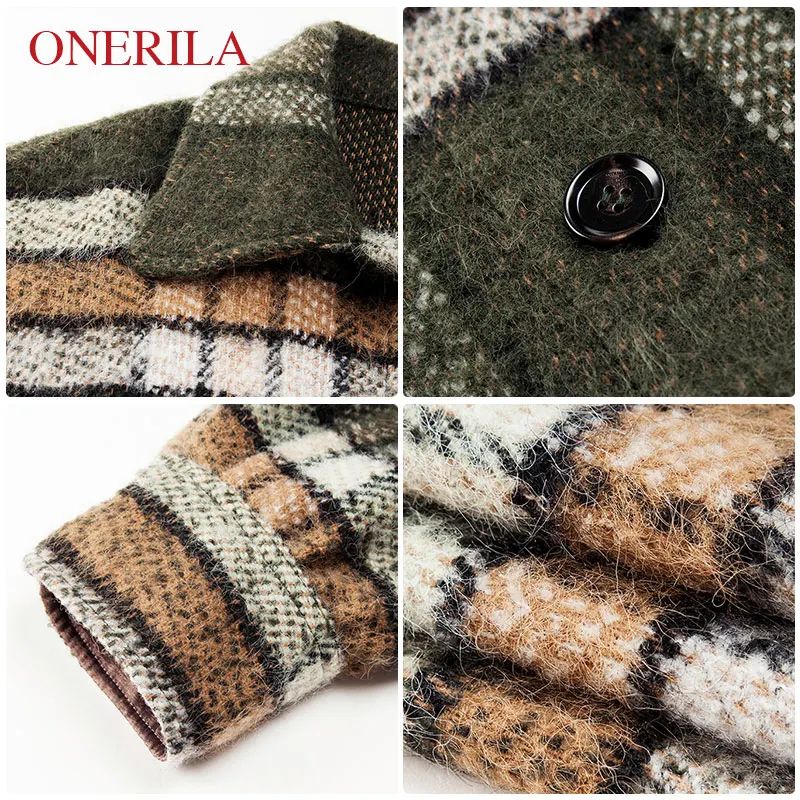 ONERILA 2018 New Winter Casual Vintage Loose Single Breasted Green Plaid Wool Coat Long Sleeve Turn Down Collar Women Overcoat | Женская