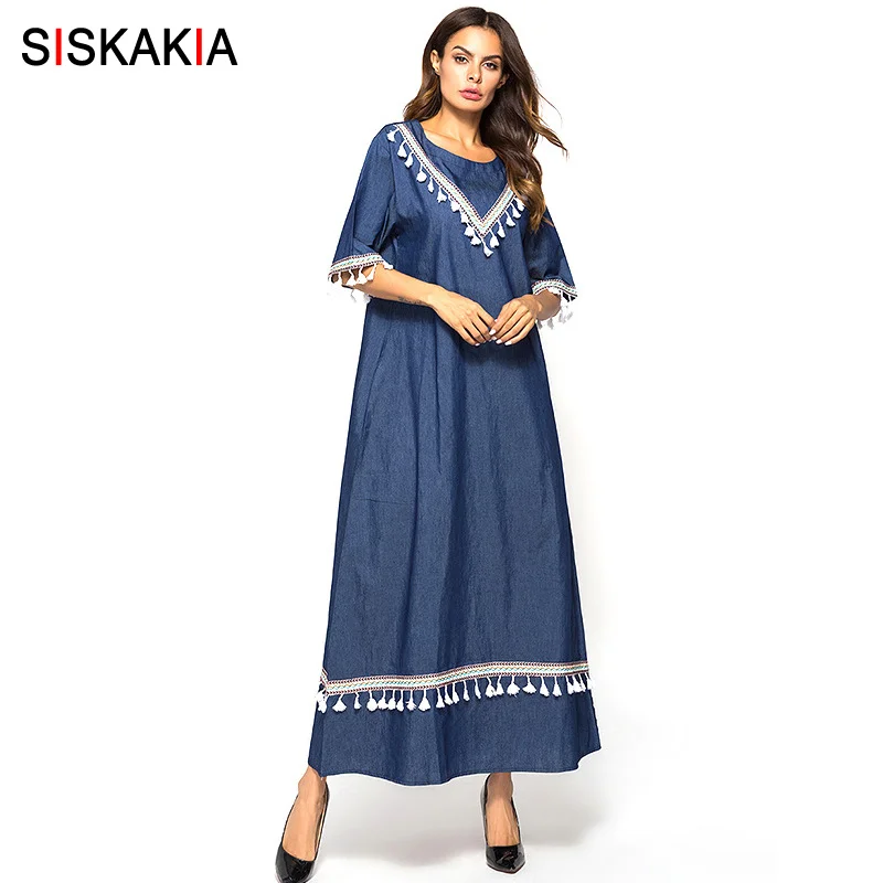 Siskakia джинсовое длинное платье длиной до щиколотки макси платья с кисточками