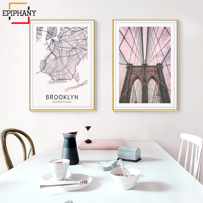 Бруклинский мост карта города картины на холсте Современные плакаты и принты