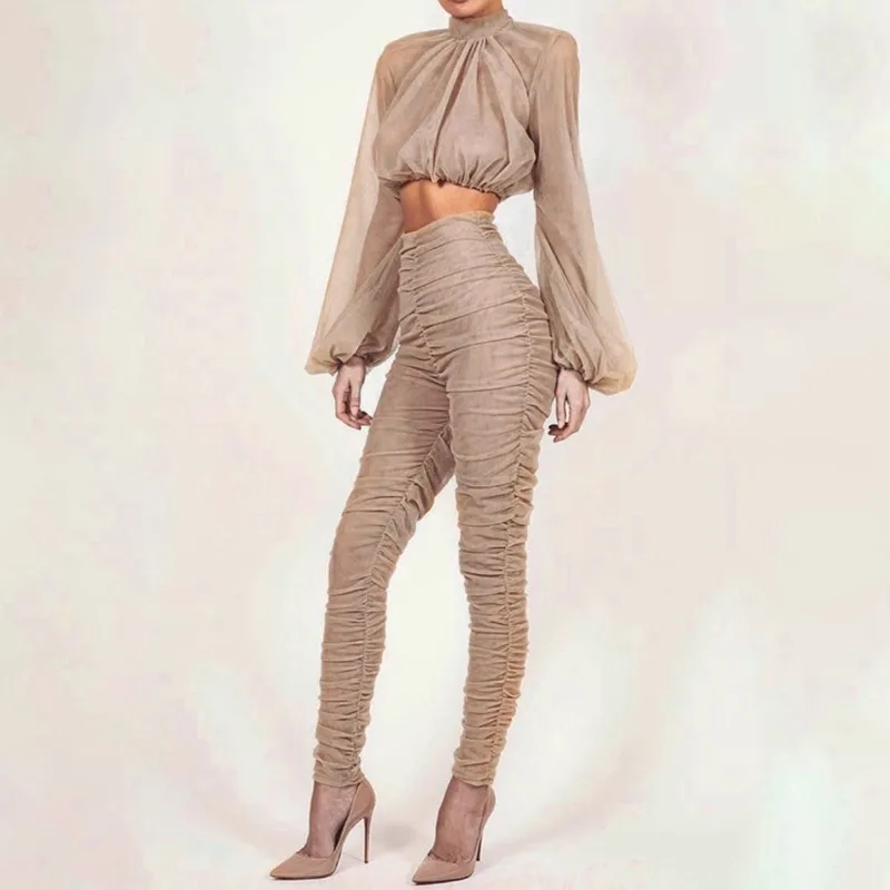 apricot TWOTWINSTYLE, комплект из двух предметов, Женская водолазка с длинным рукавом, укороченный топ, высокая талия, брюки-карандаш, женские костюмы,, весна, Новинка - Цвет: apricot