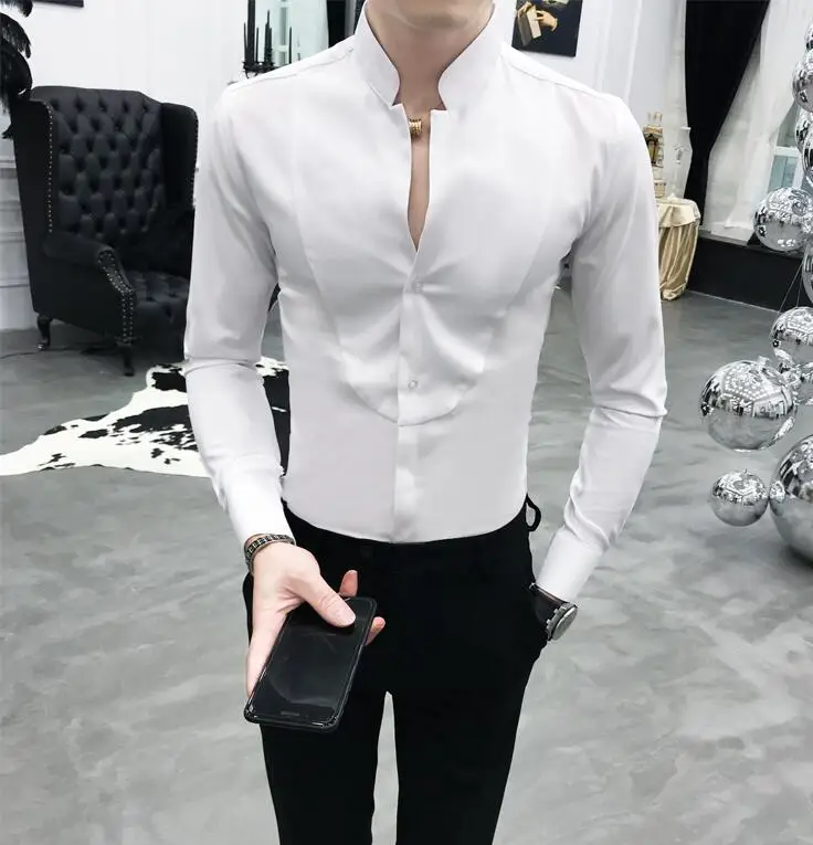 White Новинка, уникальная рубашка со стоячим воротником, черная, красная, белая, однотонная, облегающая, с длинным рукавом, Camisa Social Masculina, Мужская одежда, дизайнерская рубашка - Цвет: White