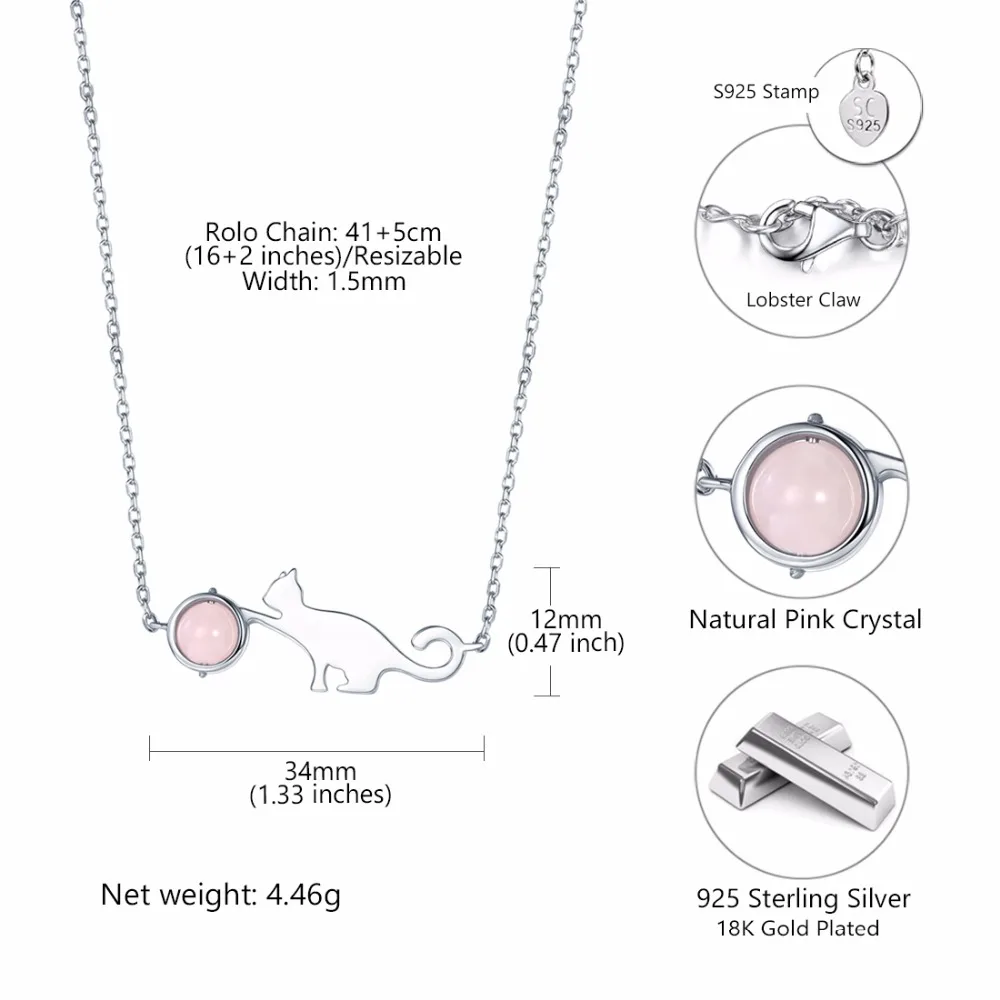 SILVERCUTE Cat Цепочки и ожерелья Для женщин с натуральный розовый кристалл 925 пробы