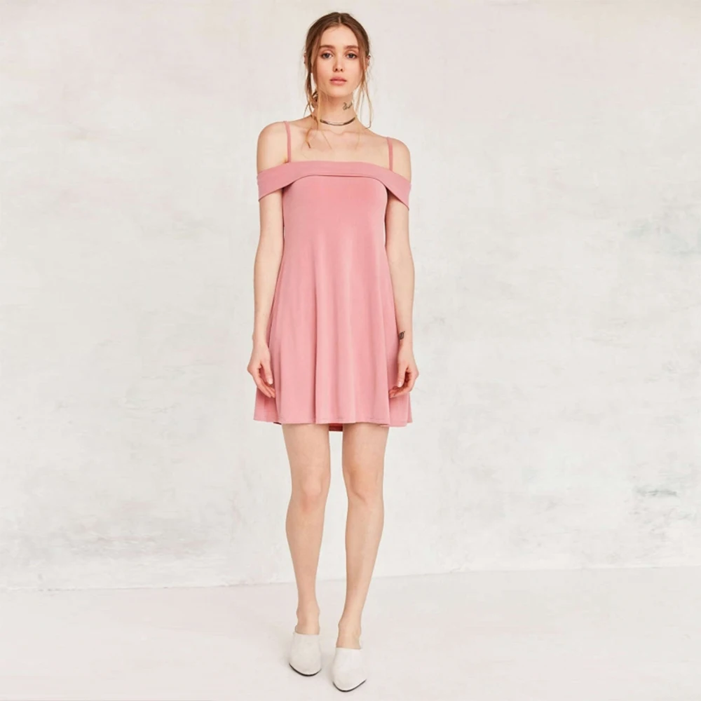 MissKoKo Твердые Розовый Женщины Dress Спагетти Ремень Slash Шеи Без Рукавов Краткие Vestidos