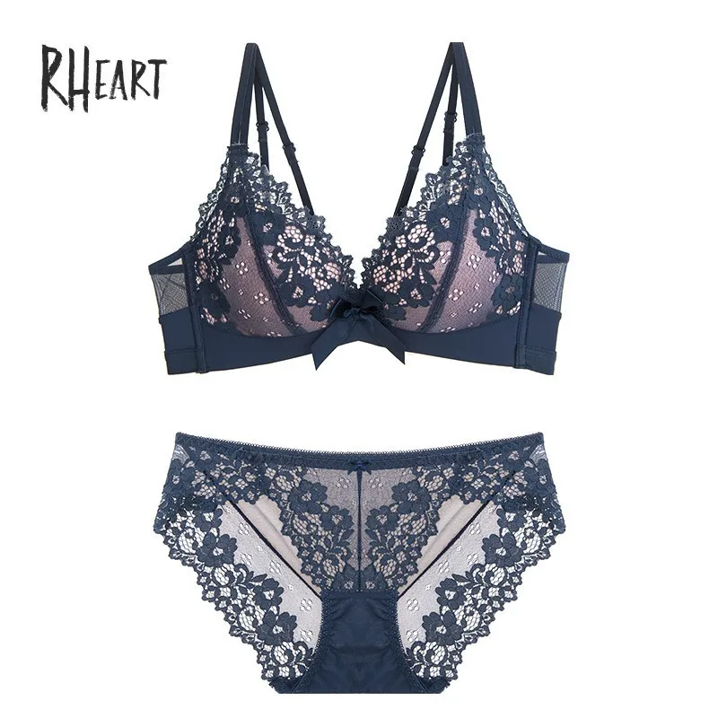 Blue Roseheart, женские Модные фиолетовые кружевные комплекты бюстгальтеров с бантиком, с перекрестными бретельками, без косточек, хлопковые трусики, пуш-ап, нижнее белье, сексуальные комплекты нижнего белья A B - Цвет: Blue