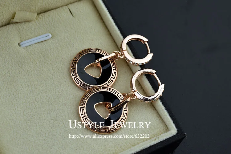 Женские винтажные серьги-подвески из розового золота с черной эмалью | Украшения