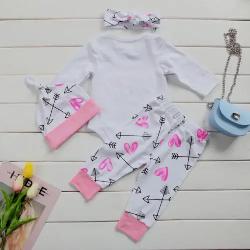 

4pcs Newborn Baby Girls clothes set letter Romper Top+ arrow Pants Hat Headband Autumn baby girl clothes set