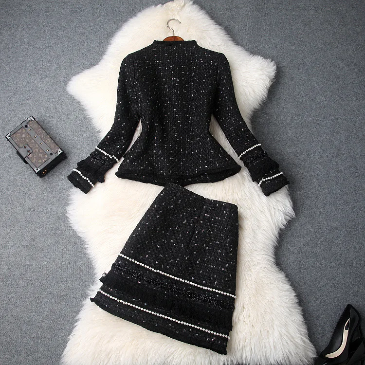 Women pearls beading tweed jacket round neck formal office skirts suits elegant black white fringe two piece outfits winter
