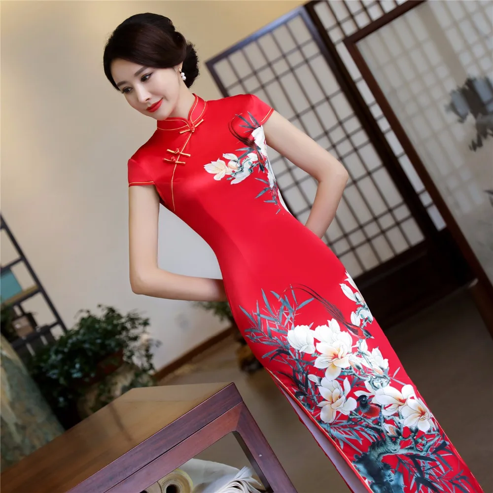 Шанхай история искусственного шелка Qipao Платье длинное Cheongsam национальный тренд платья короткий рукав тонкий Традиционный китайский платье для женщин