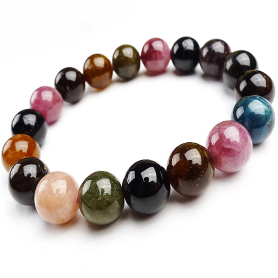 

12 мм натуральный турмалин драгоценные камни камень стрейч браслеты для женщин Femme стрейч Шарм Красочные круглые хрустальные бусины браслет