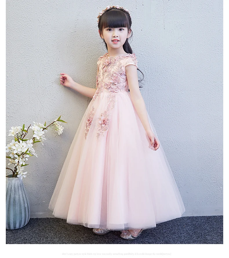 Fancy Short Sleeve Pink Flower Girls Formal Wedding Dresses Kids Bead Appliques Party Princess Birthday Prom Holy Holiday Dress | Детская