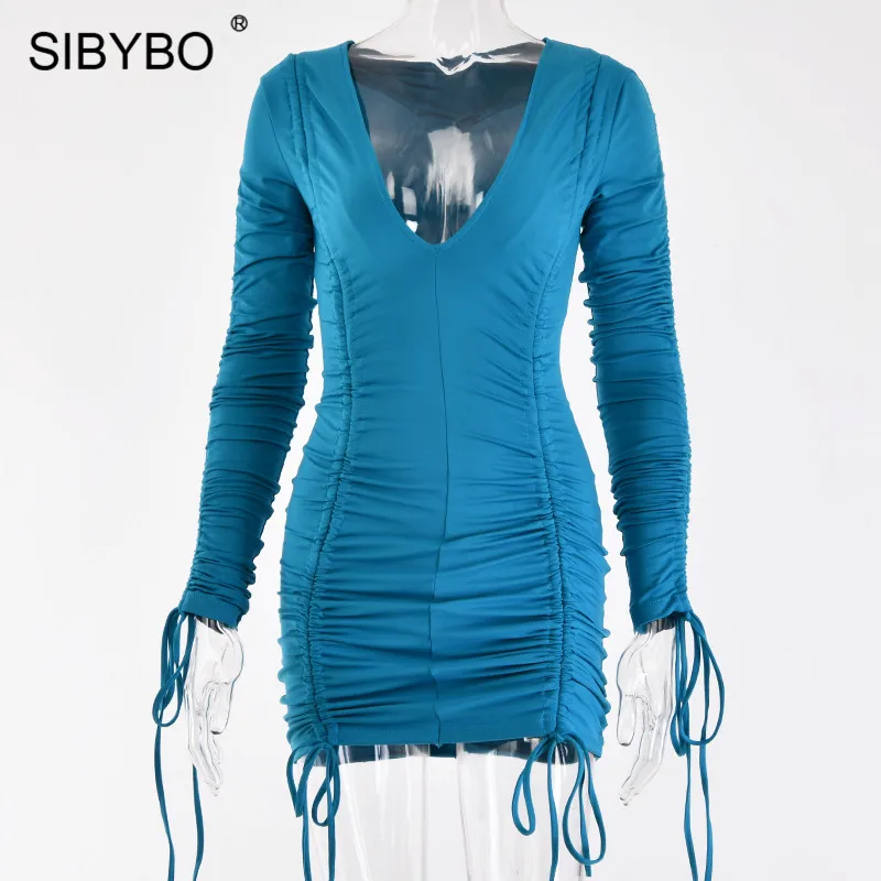 SIBYBO, Осеннее Плиссированное сексуальное мини-платье с длинным рукавом, модное облегающее Повседневное платье с v-образным вырезом, женские уличные облегающие вечерние платья - Цвет: Синий
