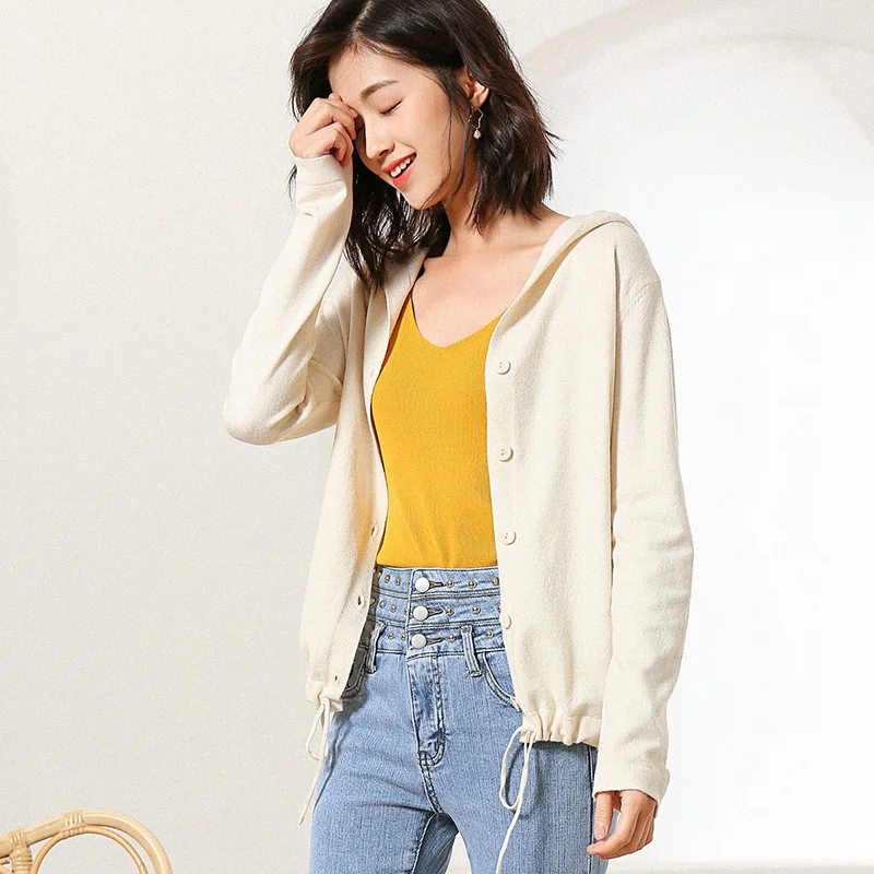 Женский шерстяной кардиган с капюшоном свободный свитер и длинными рукавами