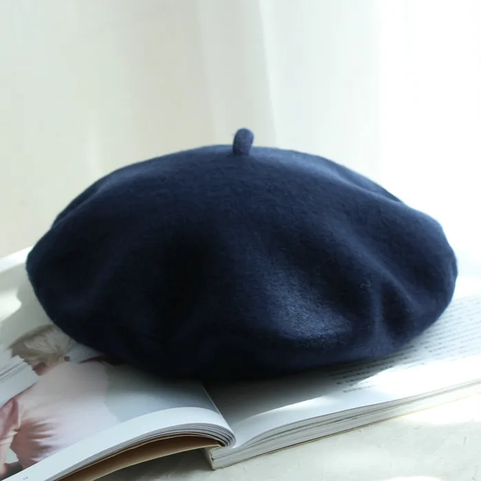 dark blue Натуральный шерстяной берет на весну и зиму для женщин, для женщин, для художников, теплая прогулочная шапка, шапка французского художника, берет для женщин, подарок для девушек - Цвет: dark blue