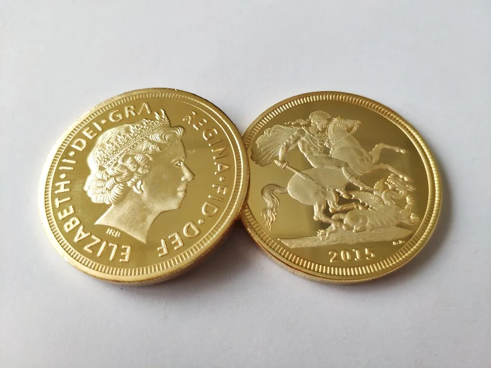 Британская монета соверен, 1 сувенирная монета. 999 Bullion Золотая круглая монета, позолоченные монеты 1 унций. 40*3 мм, 2 шт