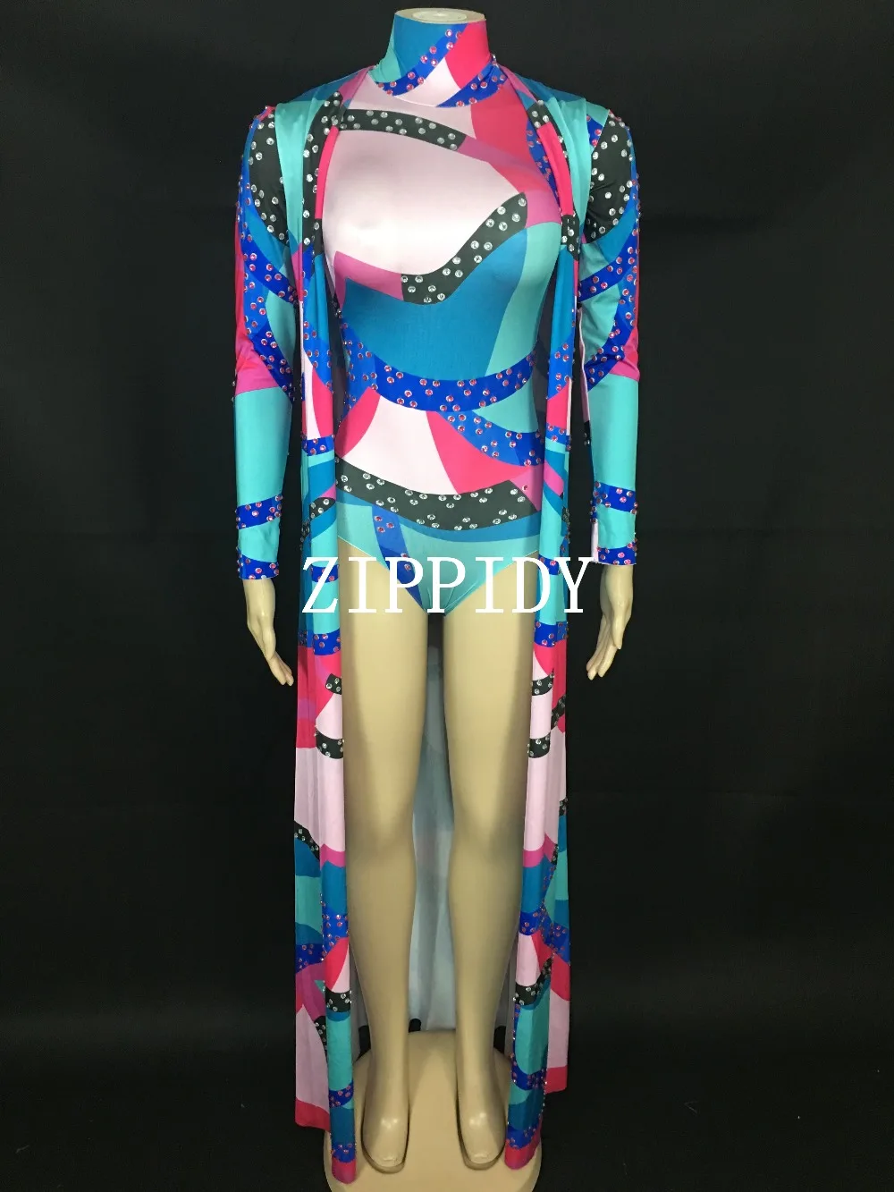 Female Singer Nightclub Crystals Costume Leotard Cape Women Fashion Rhinestones Bodysuit Long Coat Colorful Outfit