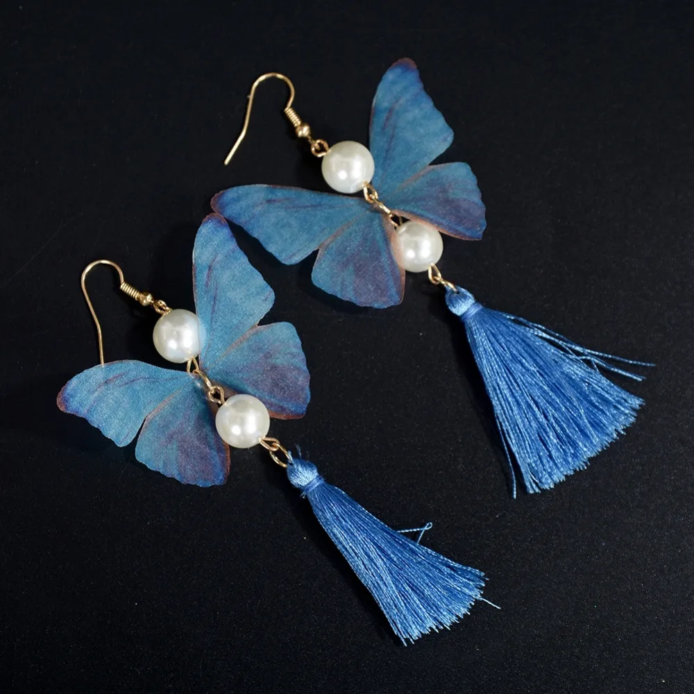 Богемный Стиль бабочка Серьги золото-Цвет длинная цепь с имитацией жемчуга