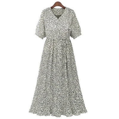 White Новинка размера плюс XL-4XL женские платья Летние Плиссированные платья с принтом женское платье с v-образным вырезом Длинные Брендовые платья с коротким рукавом - Цвет: White