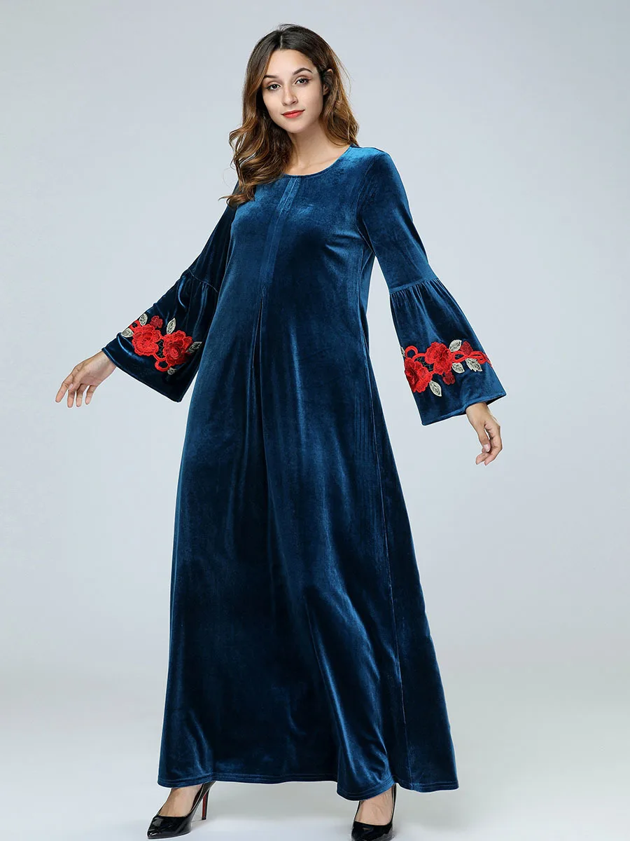 Бархатное мусульманское платье голубого цвета Abayas Дубай цветы вышивка женские макси платья Мода Турецкий халат размера плюс мусульманская одежда 4XL
