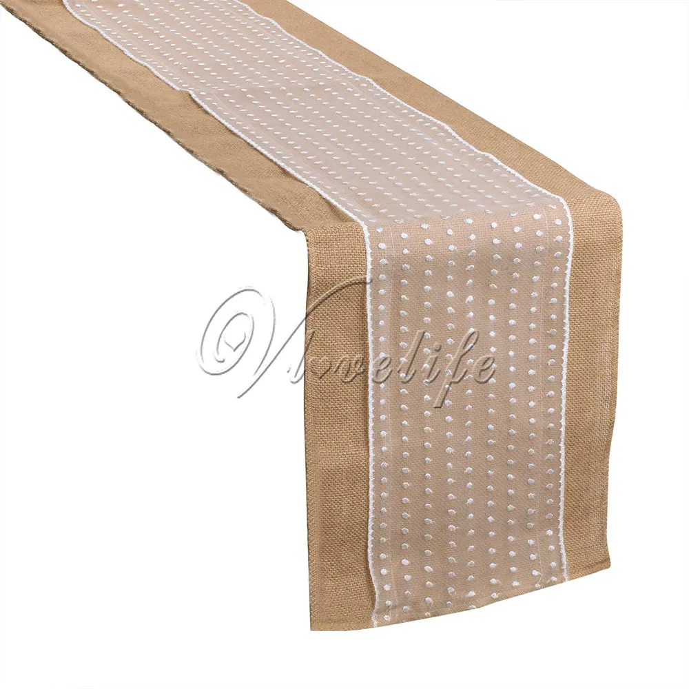 Мешковитые скатерти Hessian с кружевом в горошек 12x108 дюйма для свадебной вечеринки