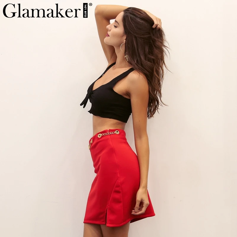 Glamaker, женская трикотажная юбка с разрезом, летняя стильная мини-юбка с металлической цепочкой, женские Соблазнительные обтягивающие черные вечерние юбки, женская нижняя часть