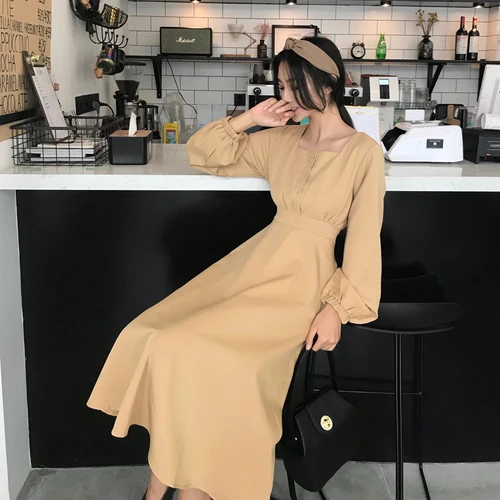 Женское платье трапеция с квадратным вырезом длинным рукавом фонариком и