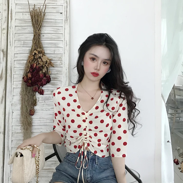 Милые blusas модные брендовые женские летние блузы в горошек рубашки уличном стиле