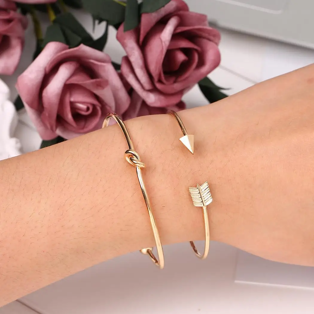 Golden Set Stackable Hasp Silver Open Letter Pattern Heart Adjustable Feather Cuff Women Party Bracelet Casual | Украшения и