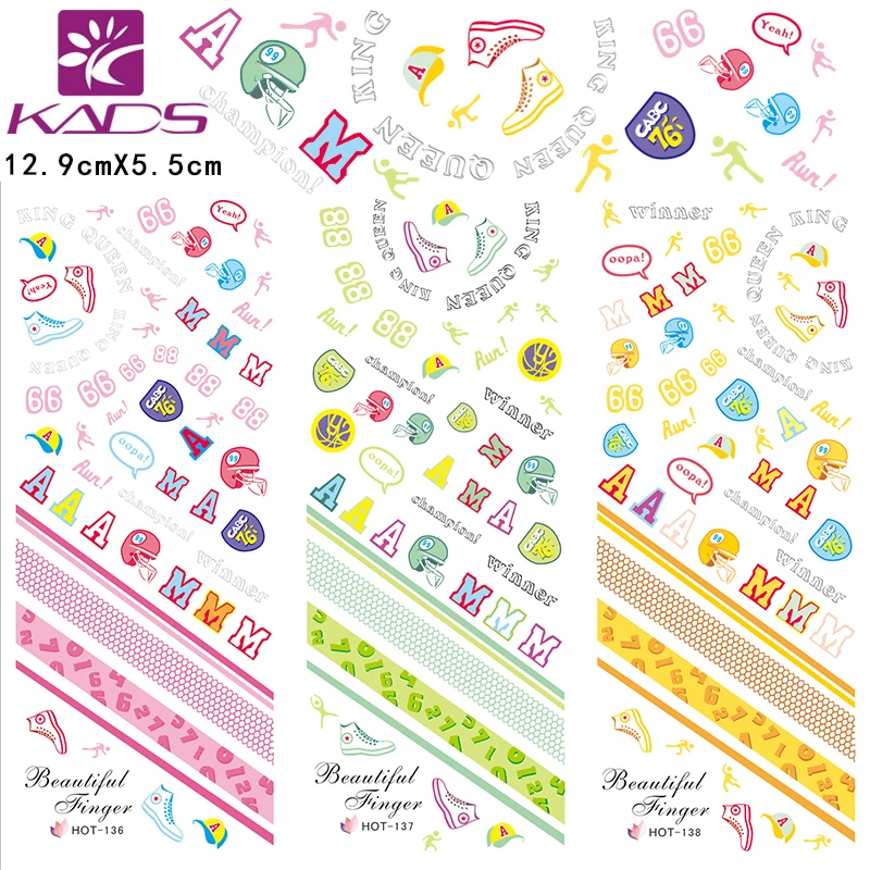 

3sheet/set HOT136-138 sports design Water decal Nail Sticker Colored letters design sticker For nail tool