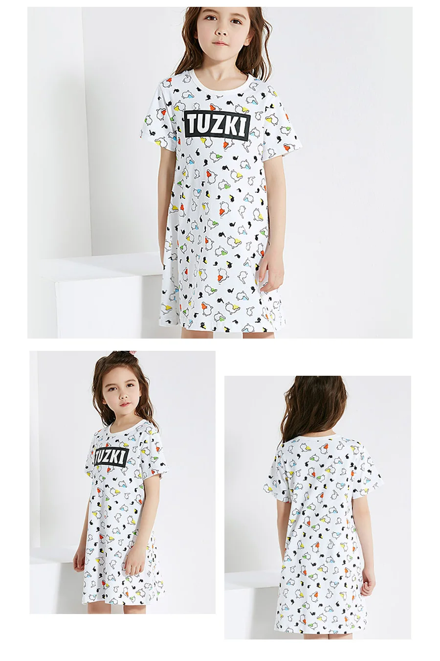 THREEGUN Nightgown Children Clothing Summer Girls Baby Dresses Pajamas Cartoon Tuzki Cotton Nightdress Kids Home Sleepwear