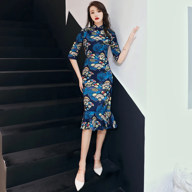 Традиционное китайское платье Cheongsam Qipao платья Русалочки для женщин 2019 халат
