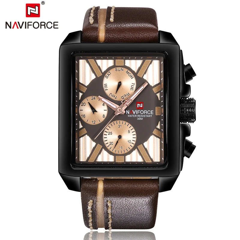 NAVIFORCE, мужские часы, Лидирующий бренд, роскошные, прямоугольные, повседневные, спортивные, мужские, водонепроницаемые, кожа, кварцевые, наручные часы, мужские часы