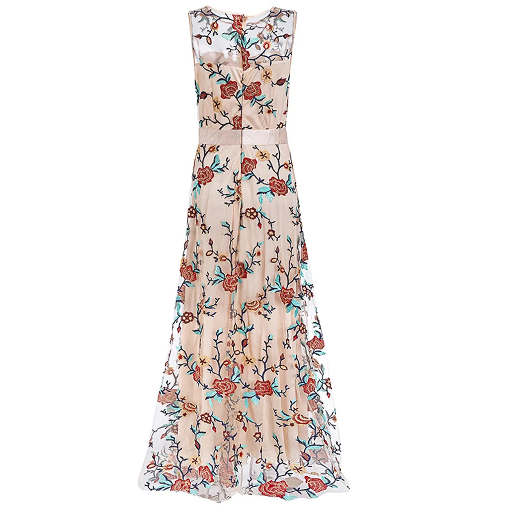 Womens Floral Embroidery Dress Summer 2019 Lace O-Neck Sleeveless Dresses Ladies Holiday Maxi Robe Femme | Женская одежда