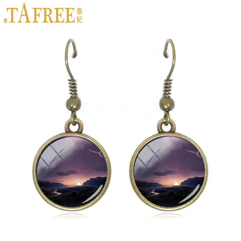 TAFREE Galaxy Drop Earrings nebula dangle earrings solar system planet art picture glass round cabochon dome copper jewelry A328 | Украшения