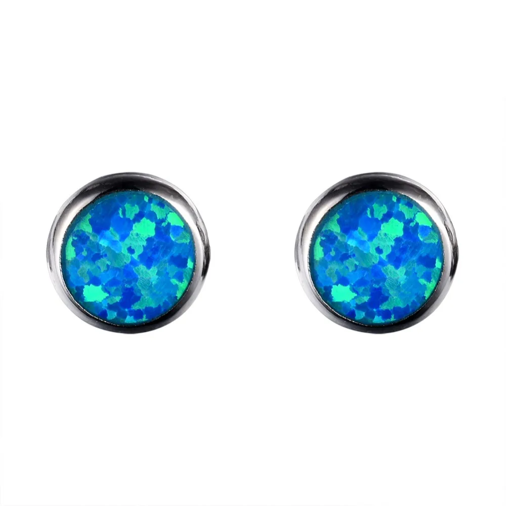 

10MM Round 925 Sterling Silver Stud Earrings Blue/White Fire Opal Earrings Brincos For Women Christmas Gifts Jewelry