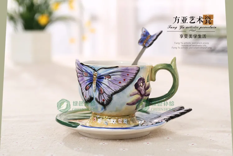 Европейский стиль Керамическая ручная роспись бабочка кофейная чашка 3D Цветные эмалированные фарфоровые чашки с блюдцем и чайной ложкой