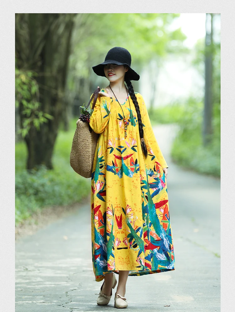 Plus Size Women Vintage Dress Summer Autumn Sundress Cotton Linen Vestidos Lady Long Dresses Print Floral Loose Casual Dress