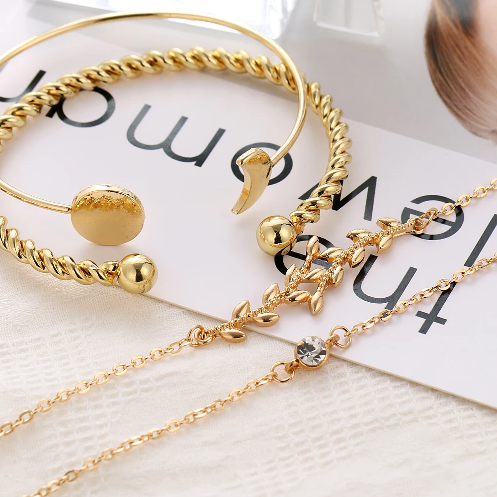 4 шт./компл. модные золотые браслеты с листьями кристаллами геометрический