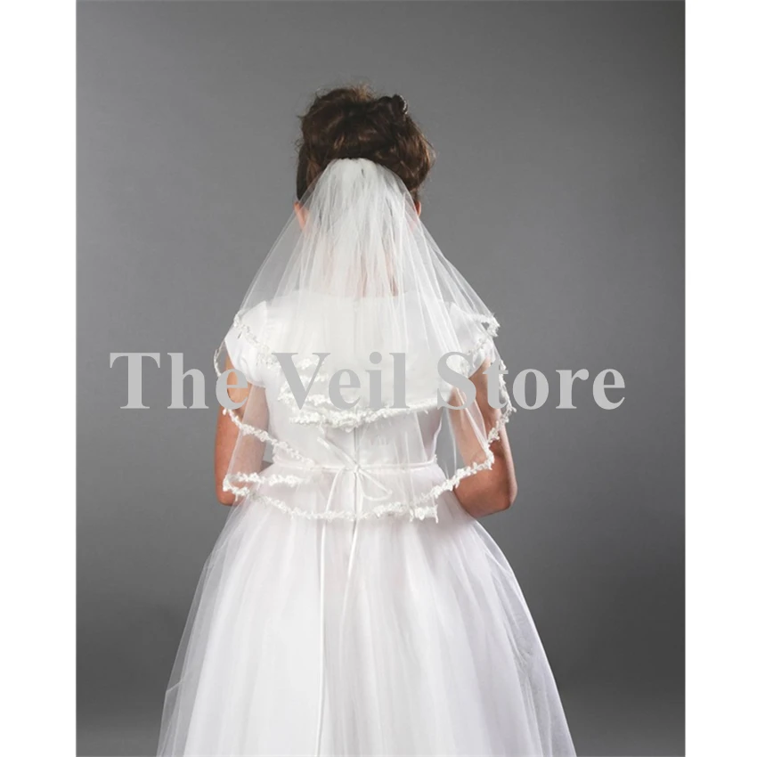 Двухслойная свадебная вуаль с цветочным узором для первого причастия для девочек, вуаль из тюля с аппликацией по краям, вуаль fille mariage velo de Novia