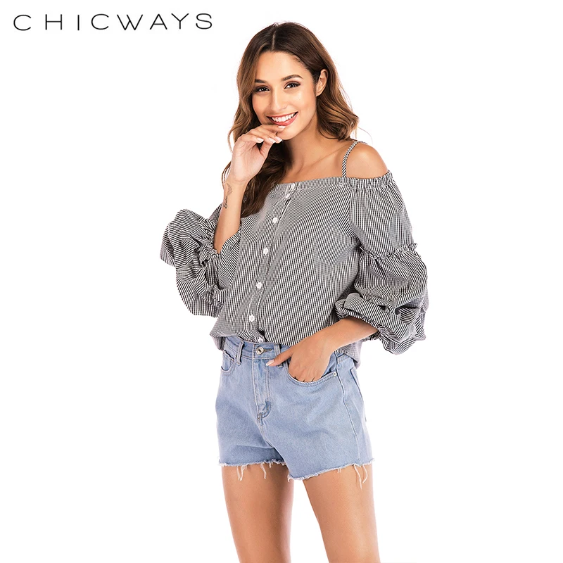 Chicways поплин блузка с длинным рукавом на пуговицах Gingham Top женские блузки 2018 осень