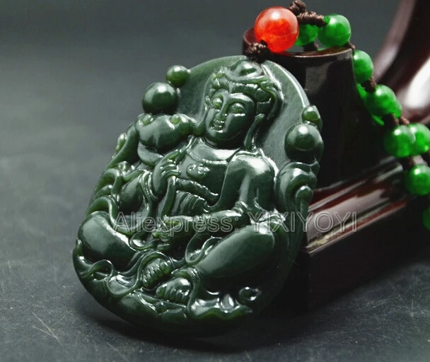 Красивый природный зеленый HeTian нефрит резной китайский GuanYin амулет счастливый