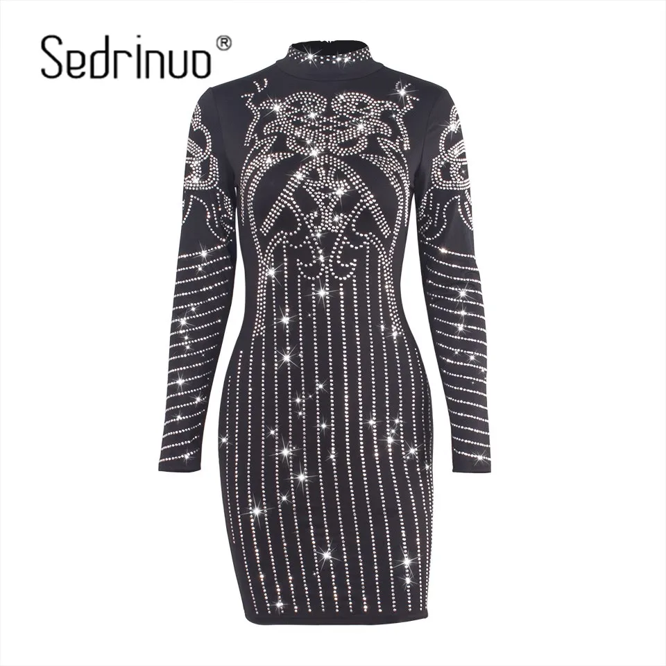 

Sedrinuo Fashion Sequins Long Sleeve Sexy Slim Bodycon Dress Mock Neck Shinny Party Club 2019 New Dresses